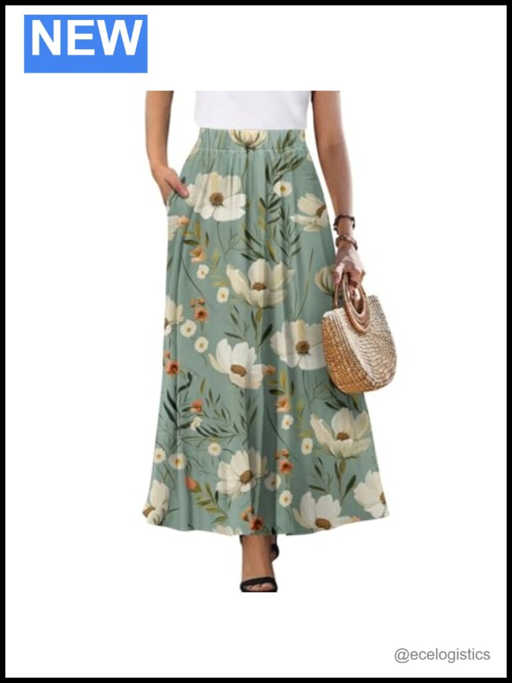 Boho Flowy Maxi Skirt Elastic Waist A-Line Long Skirt with Pockets